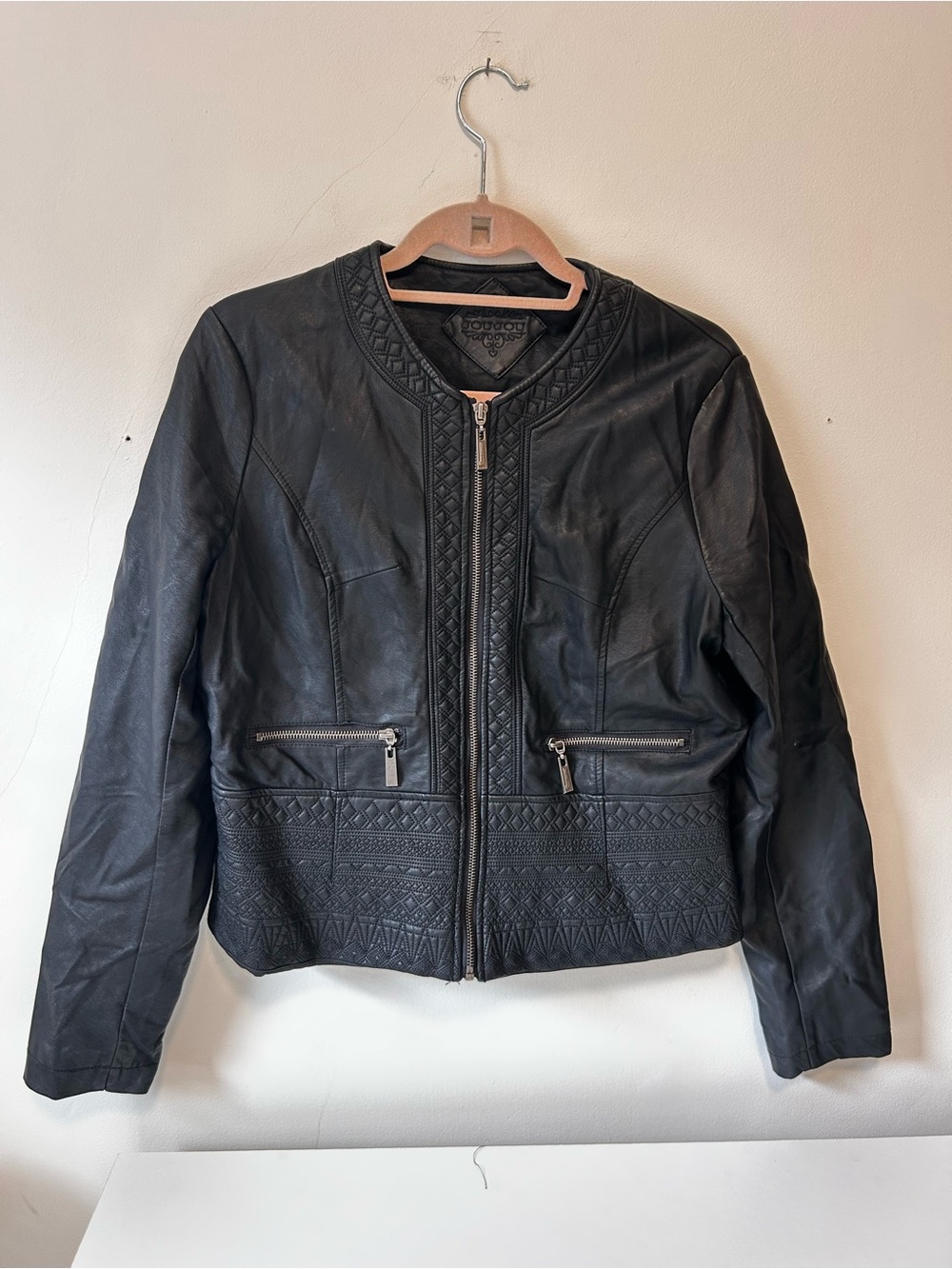 Jou Jou Black Faux Leather Quilted-Trim Zip Jacket